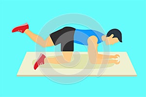 Man doing leg stretching exercise for thigh muscles vector. Boy doing rainbow exercise for a fit body and hip muscles. Flat boy