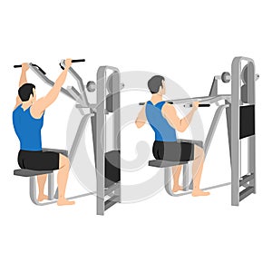 Man doing lever front pulldown, lat machine pull down