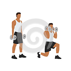 Man doing Lunging. Lunge with bicep hammer curls