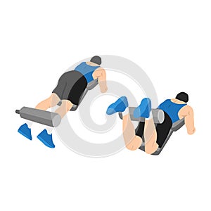 Man doing Lying leg curls exercise. Flat vector