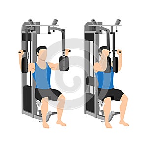 Man doing Machine bent arm chest fly exercise. Butterflies, pec deck, seated machine flyes