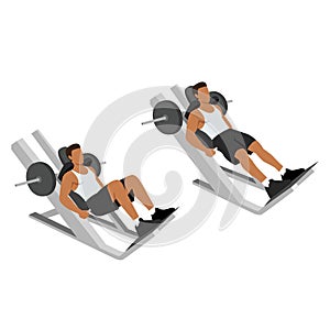 Man doing machine hack squat exercise. Flat vector