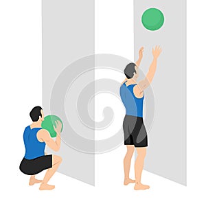 Man doing Medicine Ball Toss Up Exercise. Start with a squat pose and Toss the ball above the head catch the ball and rep