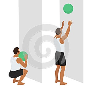 Man doing Medicine Ball Toss Up Exercise. Start with a squat pose and Toss the ball above the head catch the ball and rep