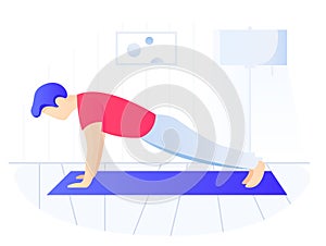 Man doing plank exercise. Core workout, exercising at home, side view