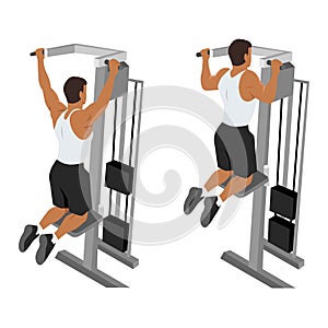 Man doing pull ups exercise. Machine or assisted pull up