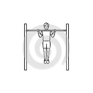 Man doing pull-ups hand drawn outline doodle icon.