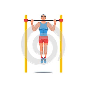 Man is doing pull-ups on the horizontal bar. Athlete on the horizontal bar