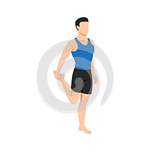 Man doing quadriceps stretch, cool down exercise. Balance pose, flexibility improvement