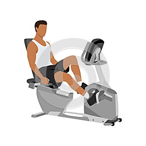 Man doing recumbent bike cardio exercise. Flat vector