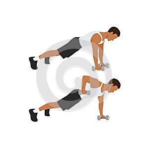 Man doing Renegade.Alternating plank. Commando Rows