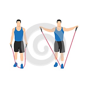 Man doing Resistance band lateral raises. Side raises