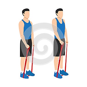 Man doing resistance band shrugs exercise