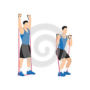 Man doing Resistance band squat and overhead press exercise.