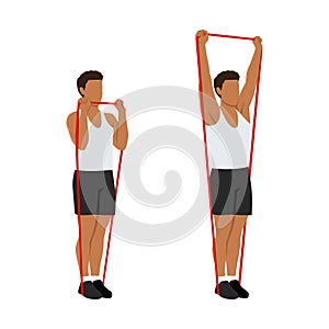 Man doing Resistance band standing shoulder press. overhead press exercise. Flat vector illustration isolated on white background