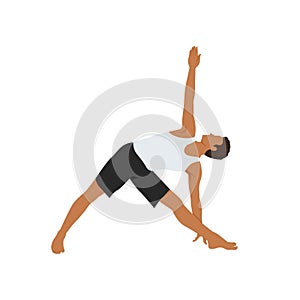 Man doing Revolved Triangle Yoga Pose. Parivrtta Trikonasana.