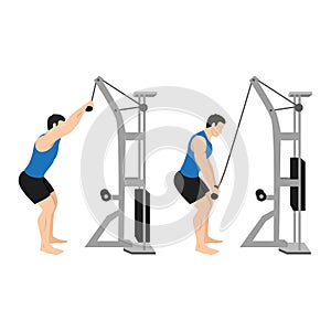 Man doing Rope pulldown exercise. Flat vector
