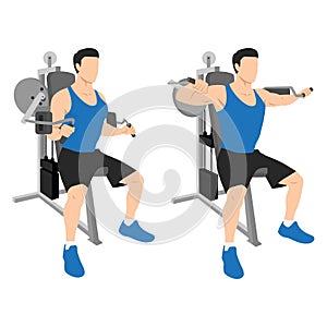 Man doing Seated Lateral raise machine. Power partials exercise