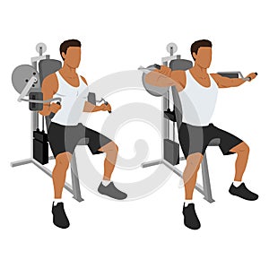 Man doing Seated Lateral raise machine. Power partials exercise
