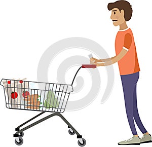 Man doing shopping at groceries store vector icon isolated on white