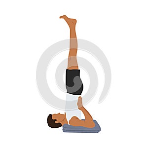 Man doing shoulder stand pose salami sarvangasana exercise.