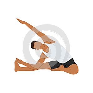 Man doing side seated wide angle pose parsva upavistha konasana exercise. photo
