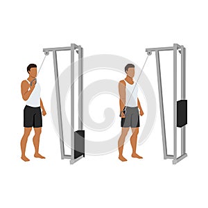 Man doing Single arm cable triceps extension. Flat vector