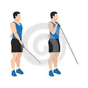 Man doing single arm reverse grip cable bicep curl. Forearm exercise