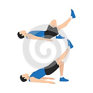 Man doing Single leg glute bridge, arm workout exercise.
