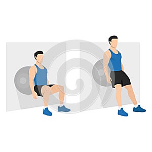 Man doing Stability or Swiss ball wall squat exercise
