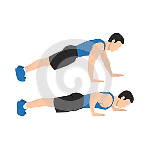 Man doing staggered hand push up exercise