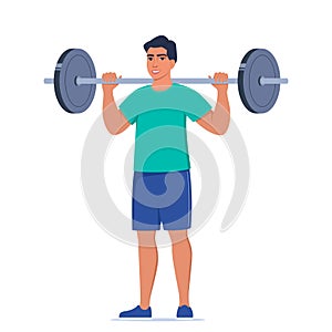 Man doing Standing barbell shoulder press exercise. Flat vector illustration isolated on white background