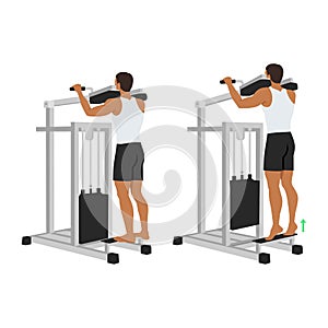 Man doing standing calf raise with assisted machine. Flat vector