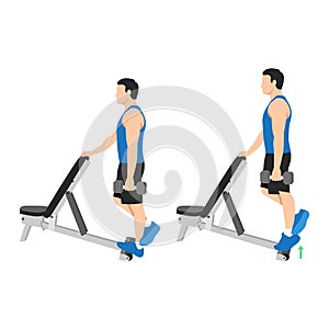 Man doing Standing calf raise with dumbbell exercise.