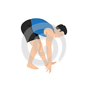 Man doing standing hamstring stretch exercise. Flat vector illustration