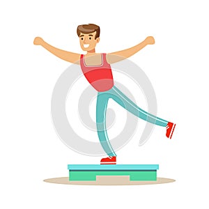 Man Doing Step Aerobics , Member Of The Fitness Club Working Out And Exercising In Trendy Sportswear