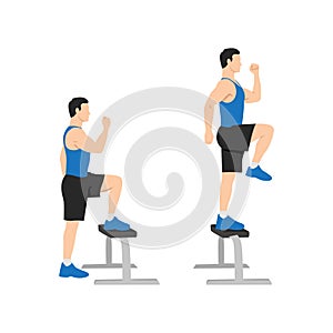 Man doing Step up with knee raises exercise.