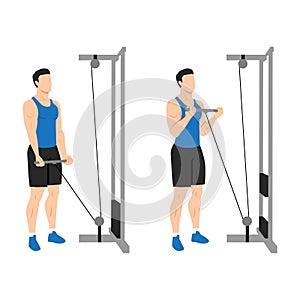 Man doing Straight bar low pulley cable curl. Flat vector