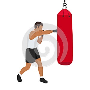 Man doing the straight right jab boxing exercise with punching bag