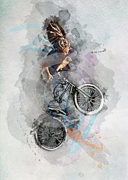 Man doing a stunt on his BMX bicycle in watercolors.