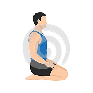 Man doing Thunderbolt Pose, Adamantine Pose, Diamond Pose. Practice Vajrasana photo