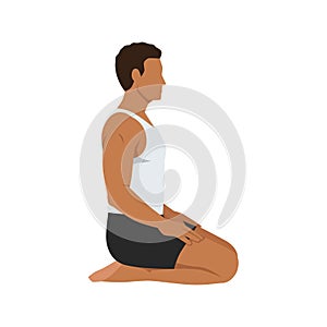 Man doing Thunderbolt Pose, Adamantine Pose, Diamond Pose. Practice Vajrasana photo