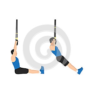 Man doing TRX pull ups exercise. Flat vector