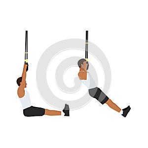 Man doing TRX pull ups exercise. Flat vector