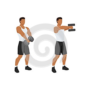 Man doing Two handed dumbbell front raise exercise. Flat vector