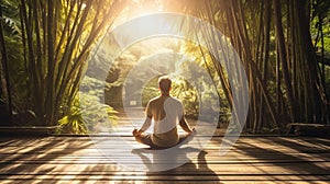 Man doing yoga on the bamboo path and the sun, with bright rays of light beautifully shining through the trees