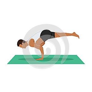 Man doing yoga, pilates, fitness training, asana Eka Pada Galavasana