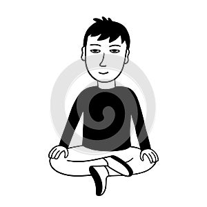Man doing yoga. Sitting in the lotus position. Meditate engaged in self-improvement. Vector hand drawn illustration.
