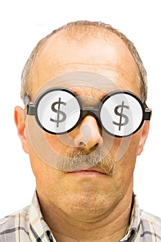 Man with dollar signs on his glasses
