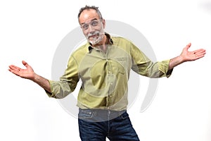 Man with doubt or confused expression on white background